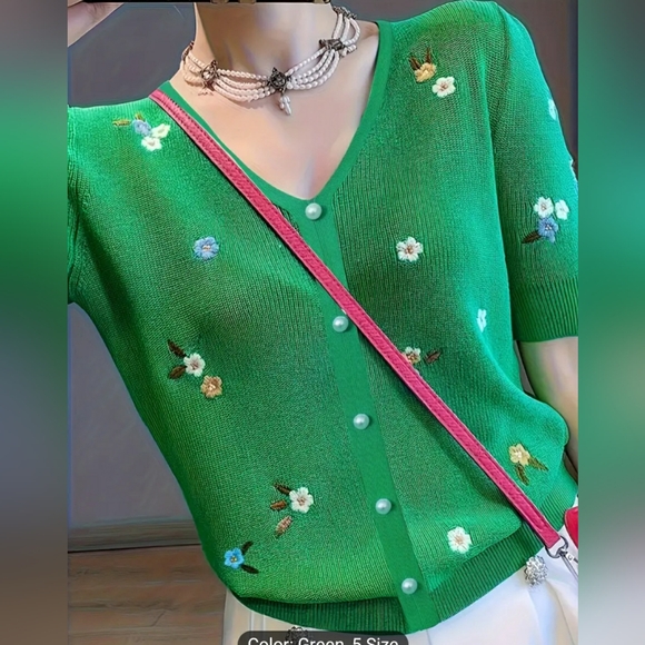 Sweaters - Knit Womens Floral V Neck  Short Sleeve Knitwear Pullover Top Sweater